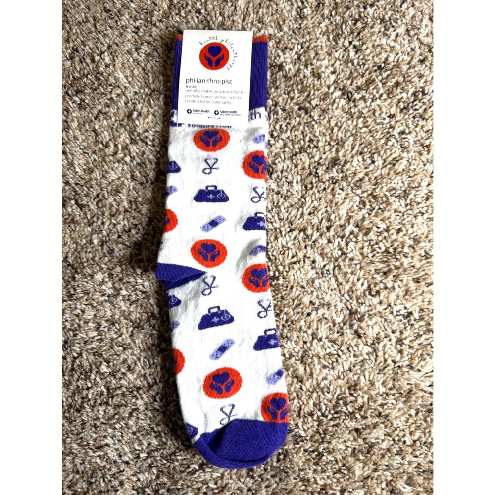 Sock Club NWT Salem Health Philanthropist Medical Crew Socks White Purple Orange
